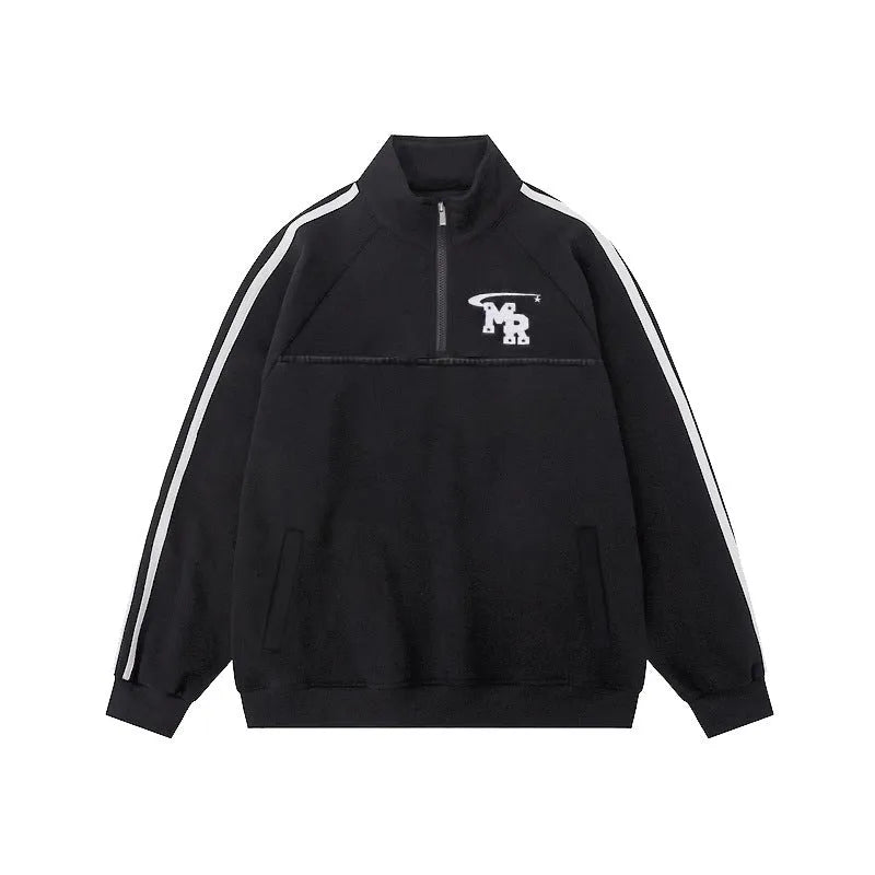 Black Hong Kong style polyester hoodie jacket with high street stand collar design