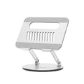 Silver aluminium alloy laptop stand with rotatable and foldable design on desk