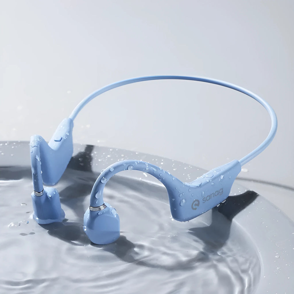 Bone conduction Bluetooth sports headset in hanging neck design, shown in one of six available colours.