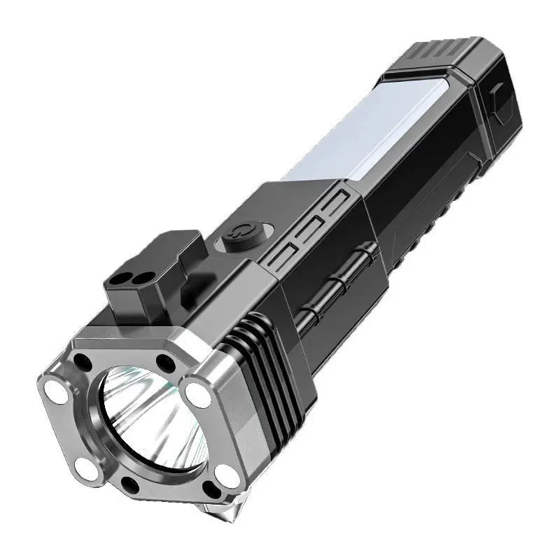 Silver plastic LED emergency flashlight with integrated power bank function.