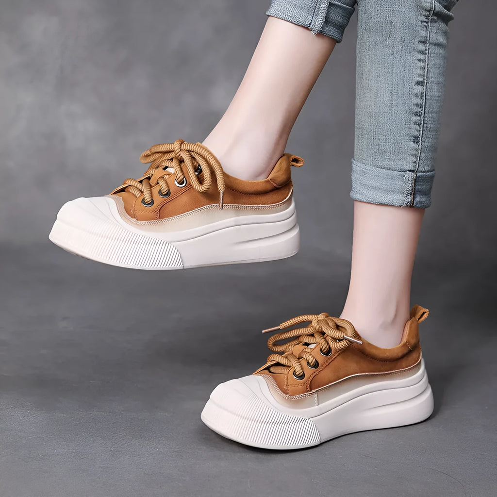 Women's casual lace-up shoes in cameo brown and yellow featuring round toe and first layer cowhide upper