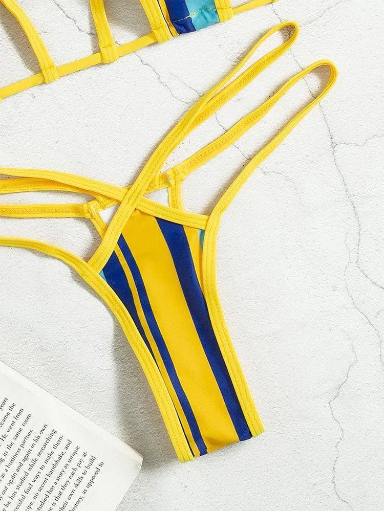Yellow women's split swimsuit with neck-hanging style, high waist, and backless hollow design
