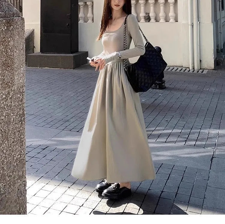 Black square collar knitted A-line dress with elastic waist and long sleeves