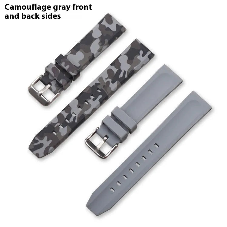 Camouflage patterned silicone watch strap showing blue, grey, and green colour options in 20mm, 22mm, and 24mm widths