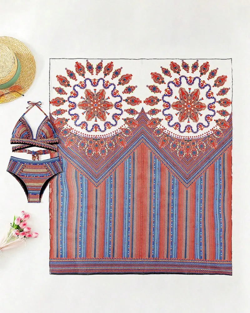 Women's three-piece swimsuit set showing high-waist briefs, cutout blouse top, and matching coat in picture colour