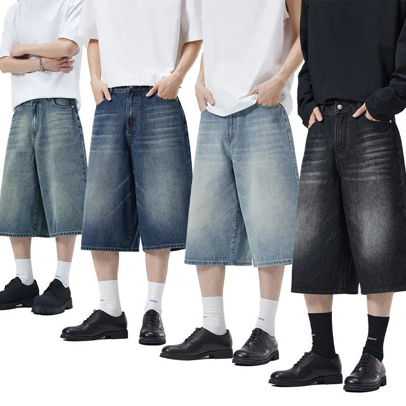 Men's light blue cotton denim cropped trousers with straight-leg loose fit
