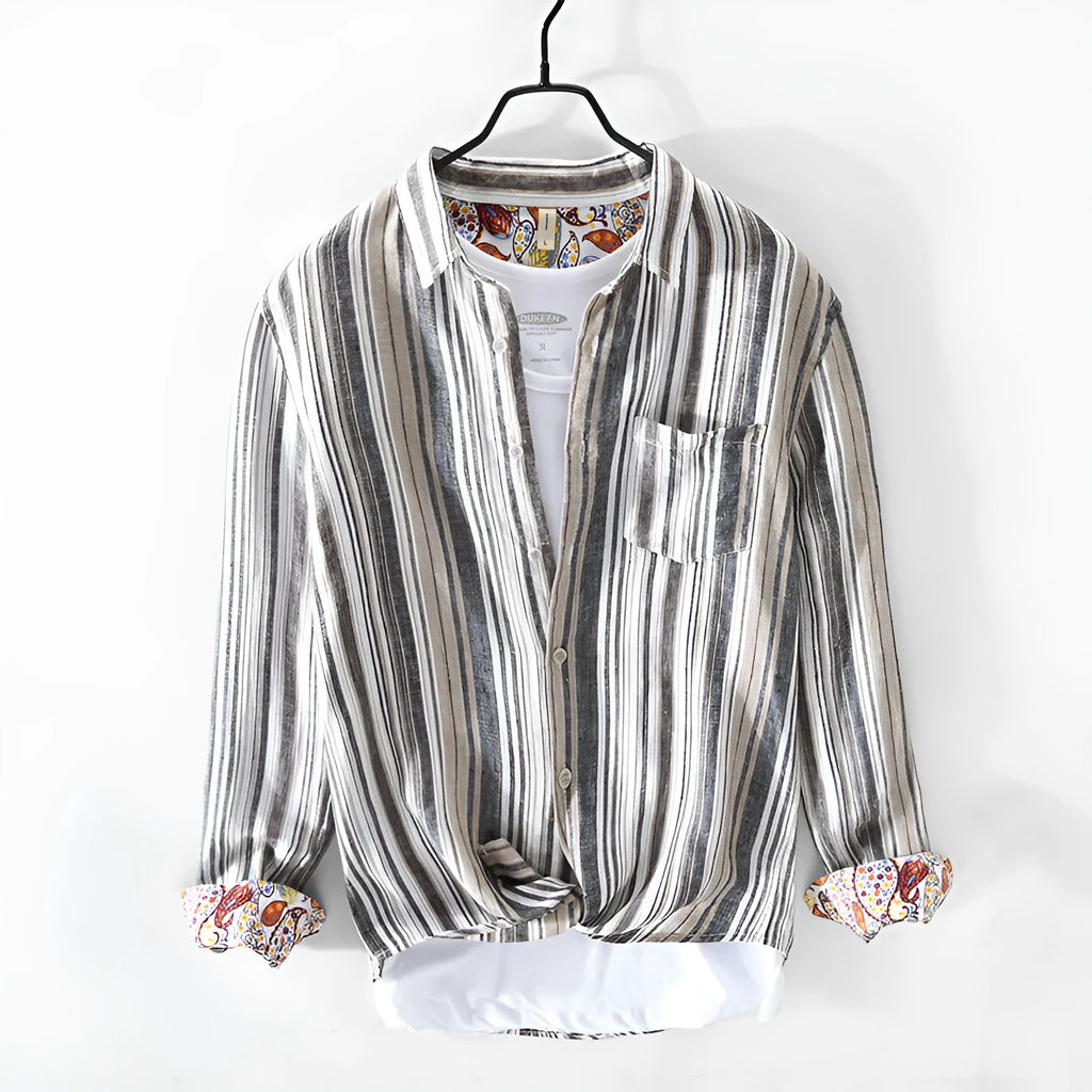 Men's striped linen casual shirt in grey colour with loose fit design and long sleeves