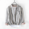 Men's striped linen casual shirt in grey colour with loose fit design and long sleeves