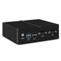 Industrial fanless mini PC microcomputer measuring 13.6 by 12.7 by 4 centimetres with dual network ports