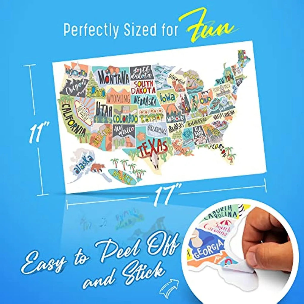 Travel sticker set with coloured letter stickers and white background sheet for car window map creation