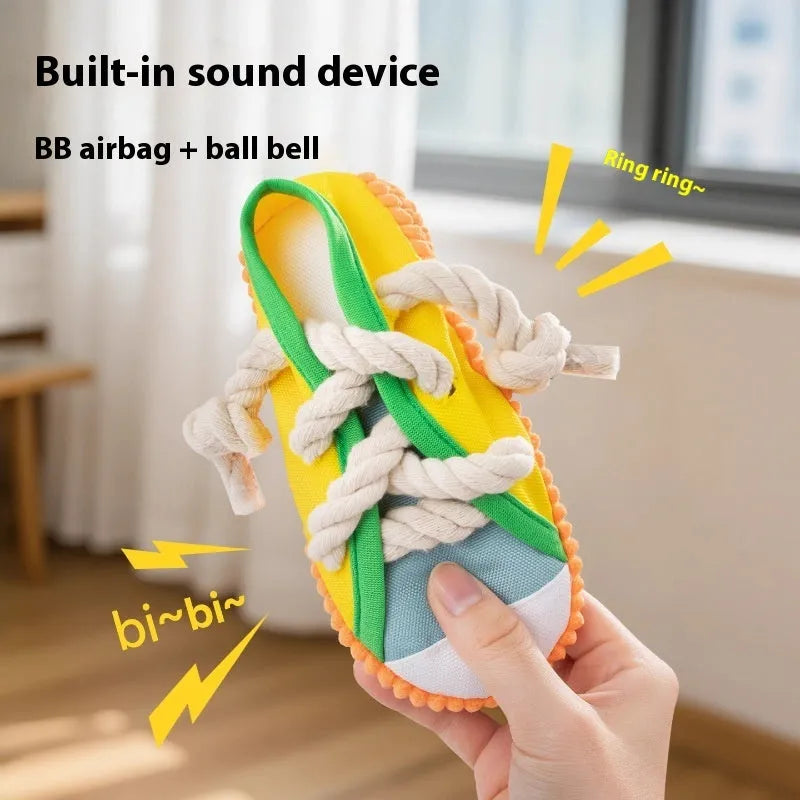 Plastic dog sound slippers chew toy with squeaker in three colour options