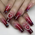 Wine red gradient false nail tips with heart pearl design and plaid pattern