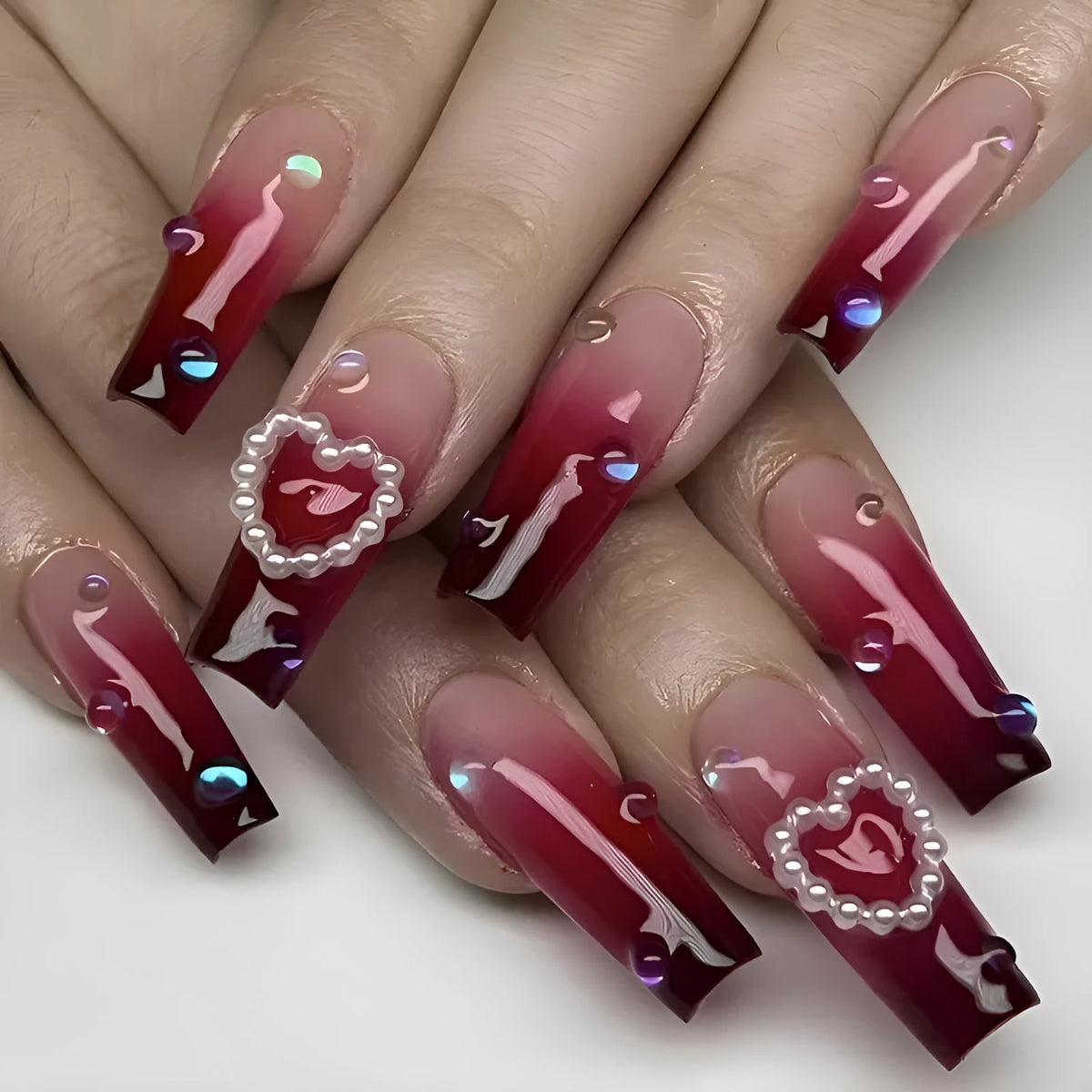 Wine red gradient false nail tips with heart pearl design and plaid pattern