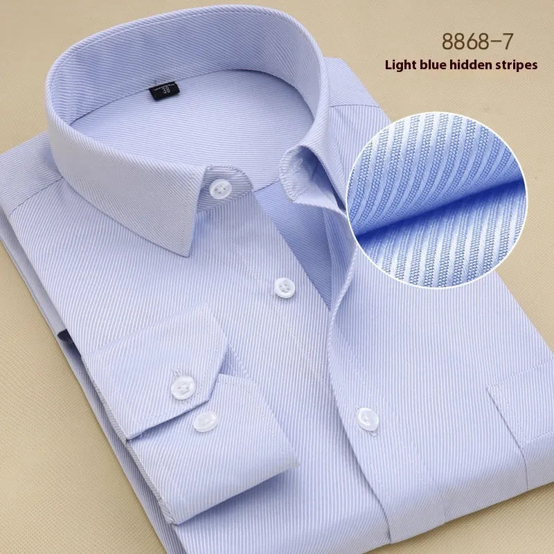 Men's black cotton long sleeve business shirt with slim fit and cardigan style on hanger