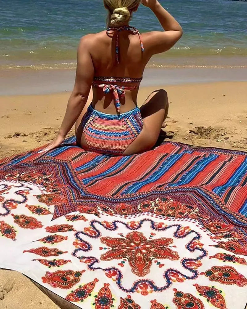 Women's three-piece swimsuit set showing high-waist briefs, cutout blouse top, and matching coat in picture colour