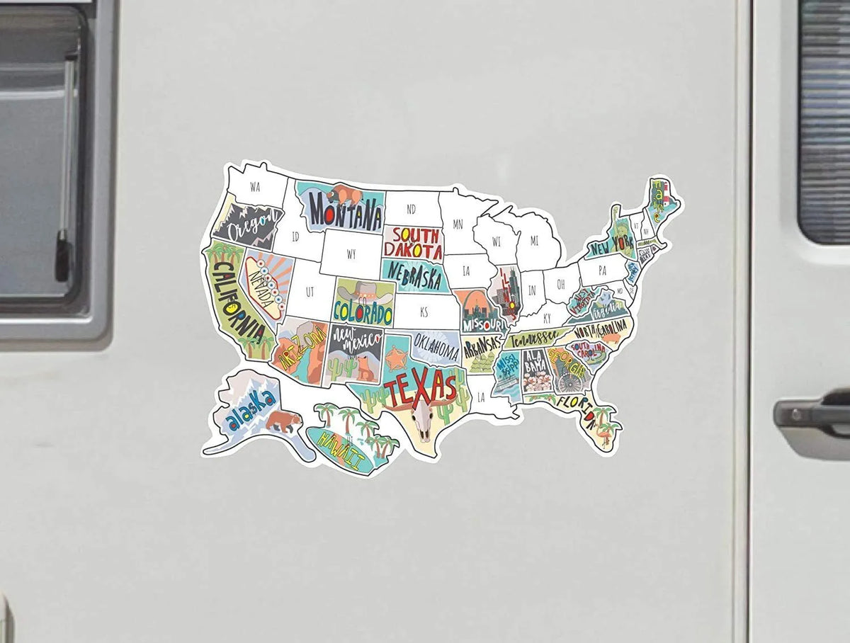 Travel sticker set with coloured letter stickers and white background sheet for car window map creation