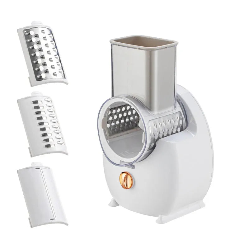 White electric vegetable slicer with rotary grater and suction base for automatic food preparation