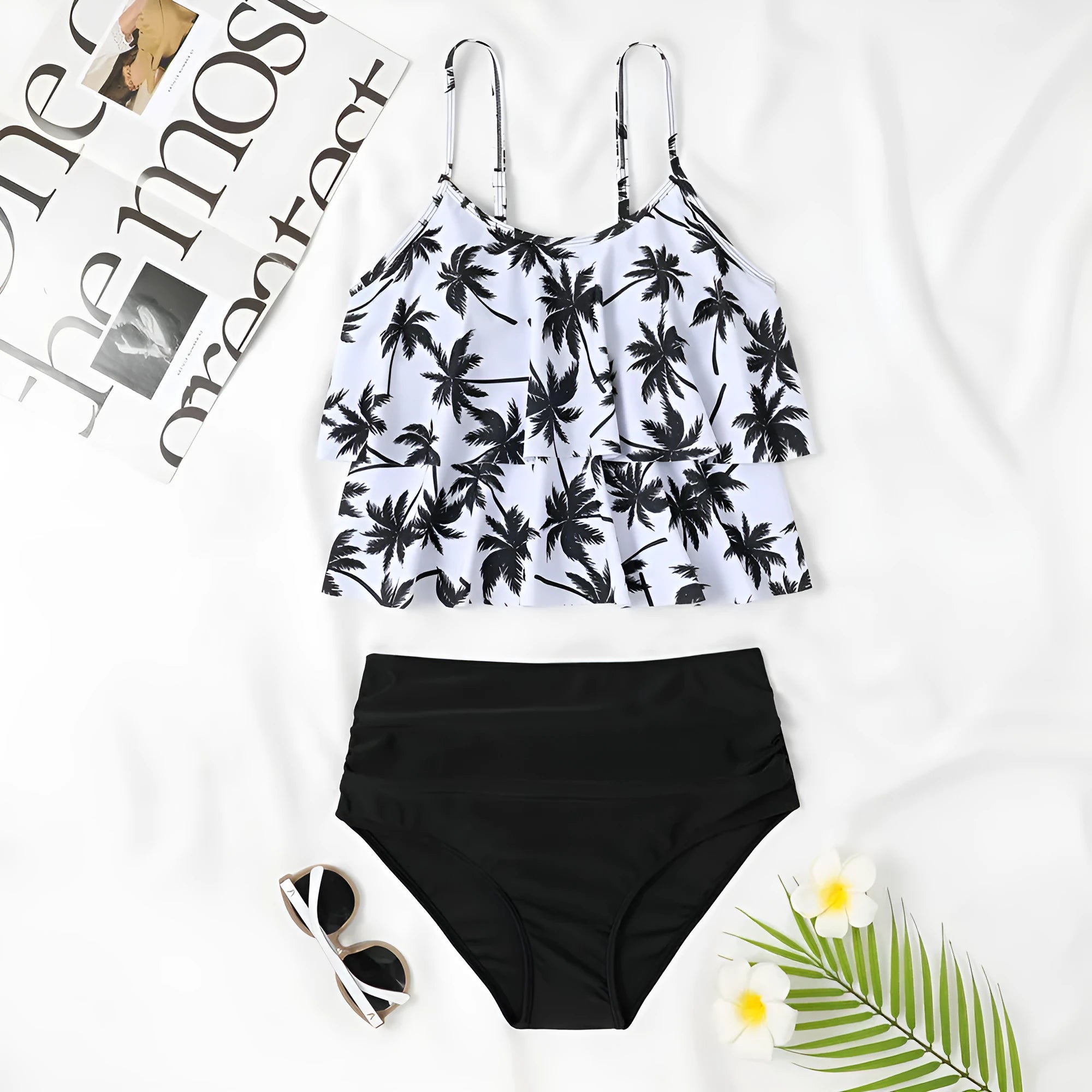 High-waist printed swimsuit in black with coconut tree pattern design