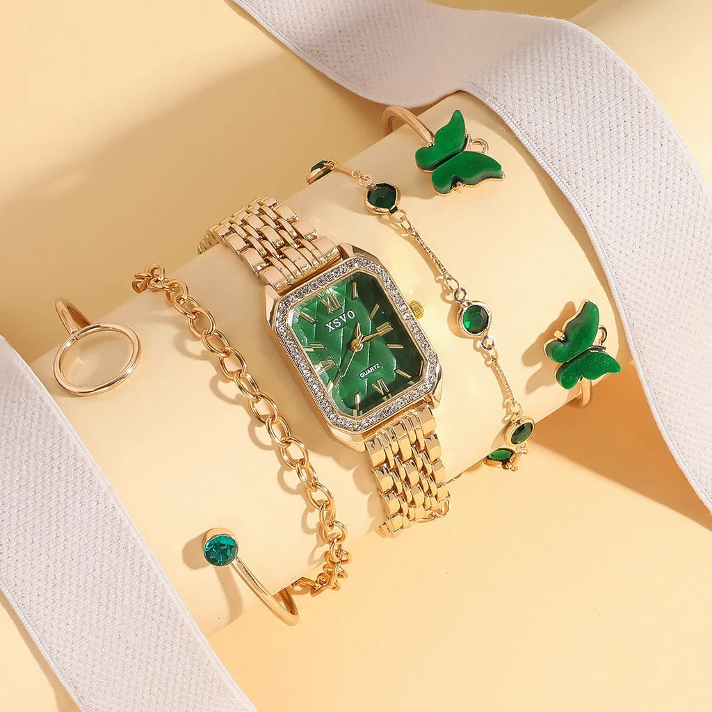 Gold green square women's watch with four matching bracelets, alloy case with jewellery buckle