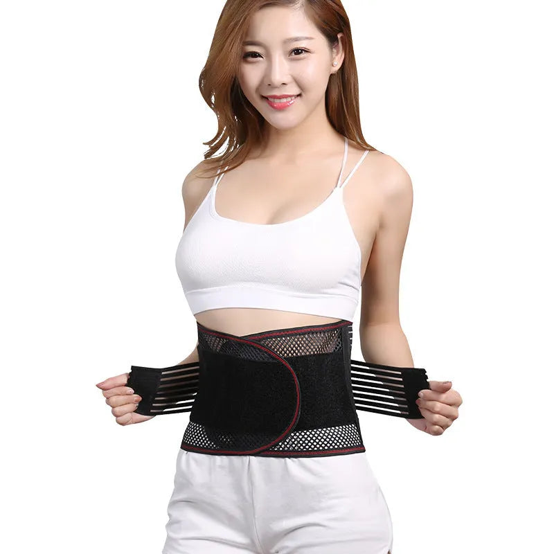 Black sports waist support belt with internal steel plate for lumbar decompression during fitness activities.
