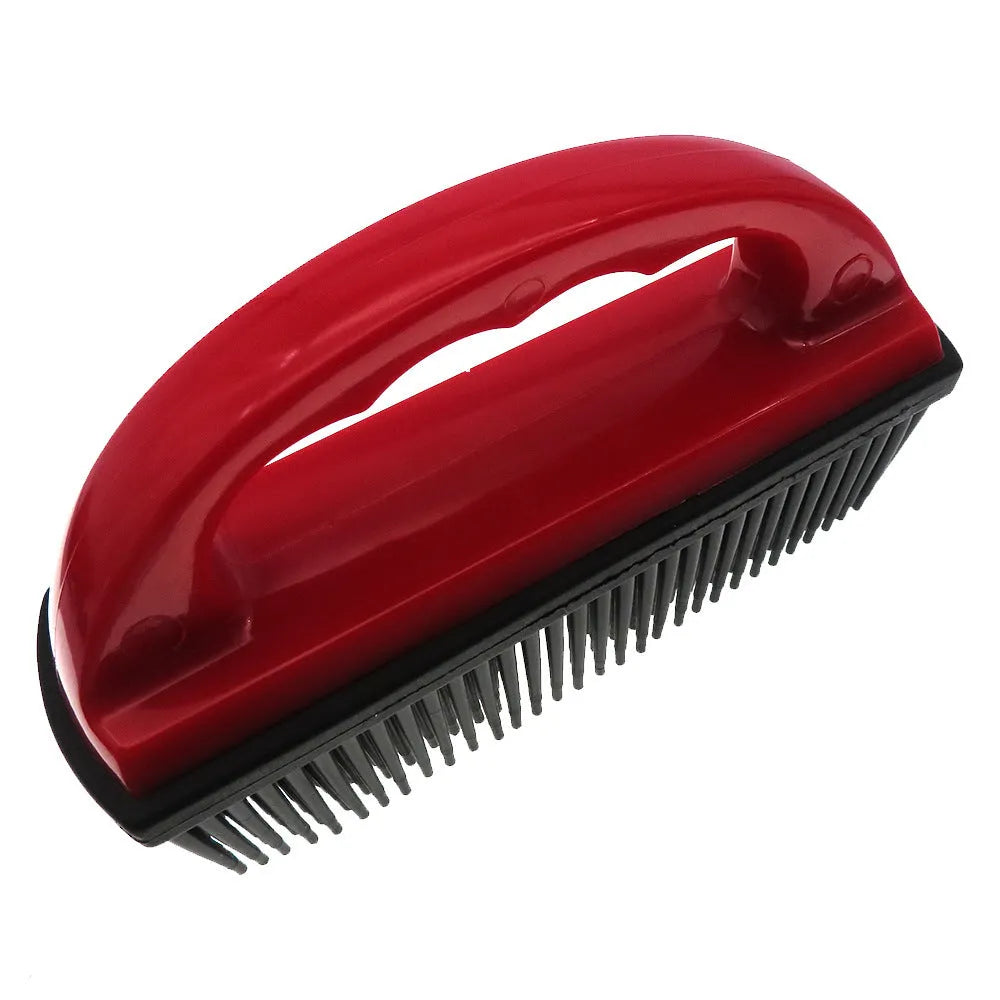 Red multifunctional pet hair removal brush for bathing massage and carpet cleaning, 160mm by 85mm