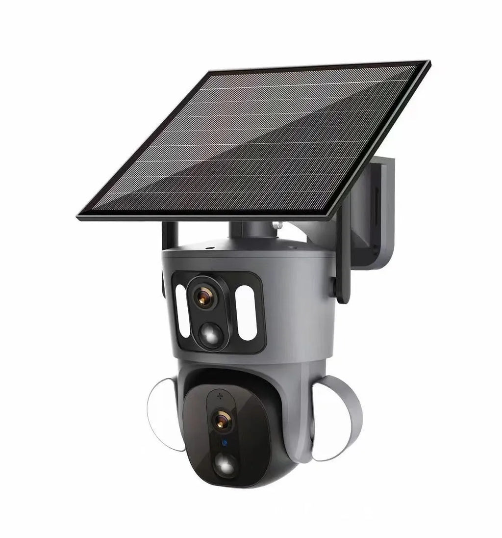 Solar-powered binocular surveillance camera with weatherproof housing and integrated solar panel