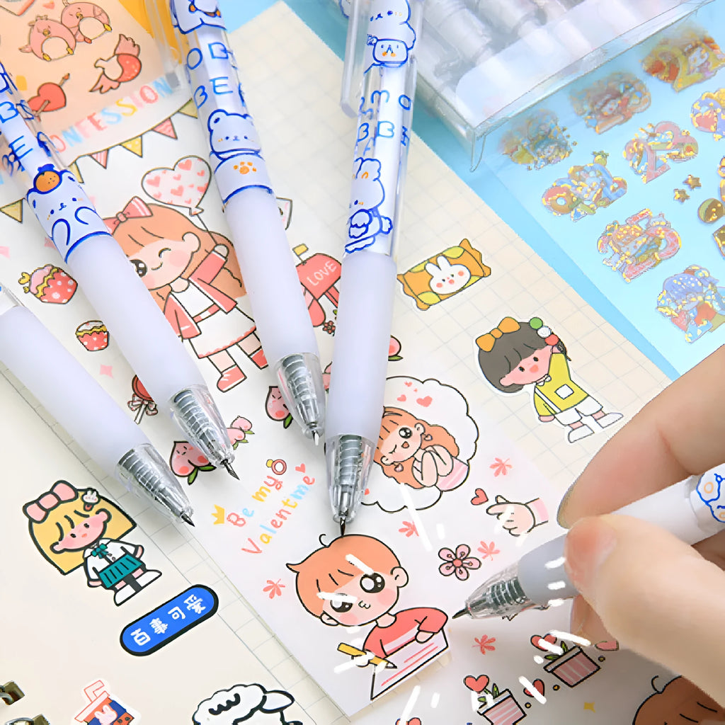 Six cream-coloured press pen knives with bear and rabbit character designs including orange bear, doll bear, and bowtie rabbit