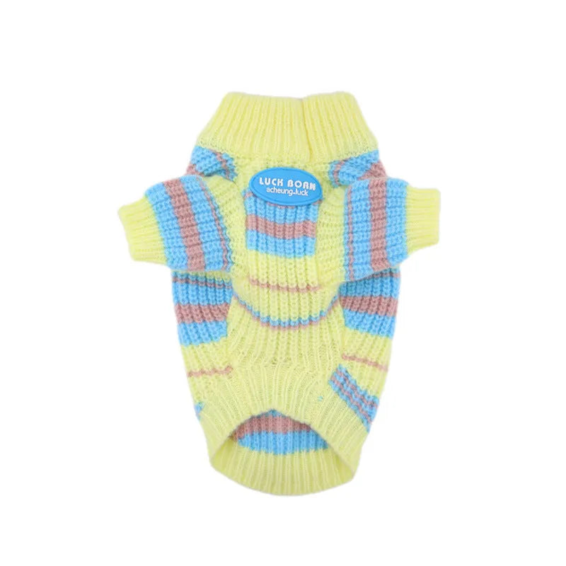Blue and yellow striped wool sweater for small dog breeds on a white background
