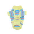 Blue and yellow striped wool sweater for small dog breeds on a white background