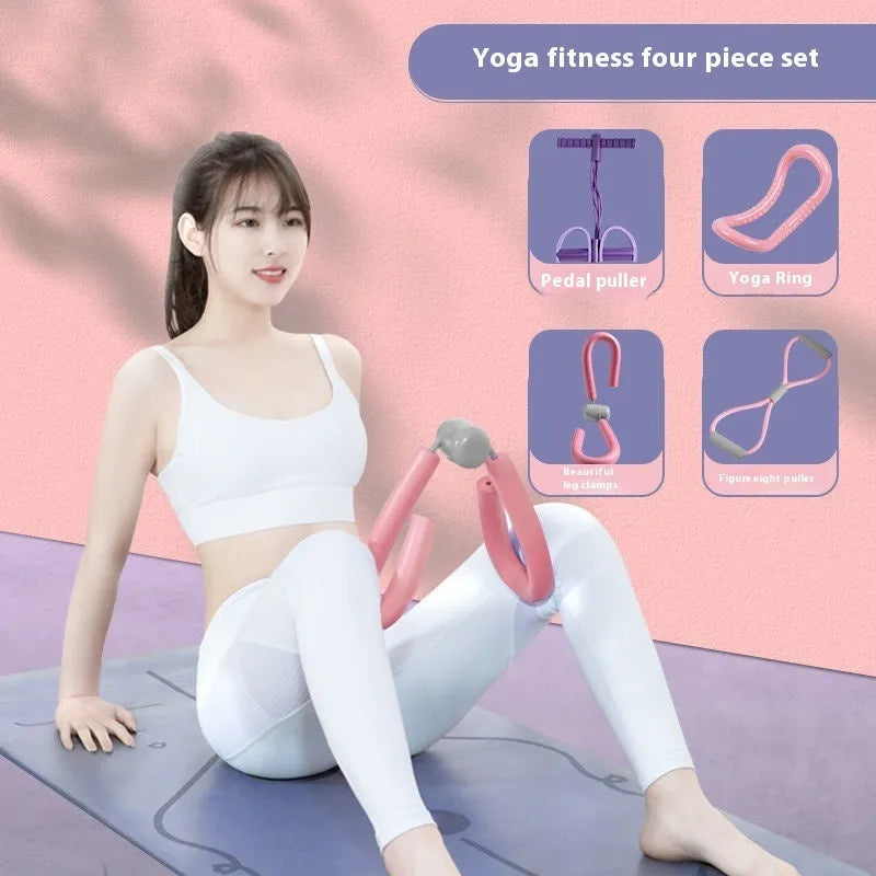 Four-piece yoga fitness set with leg stretcher, yoga ring, pedal puller, and figure-eight tension rope.