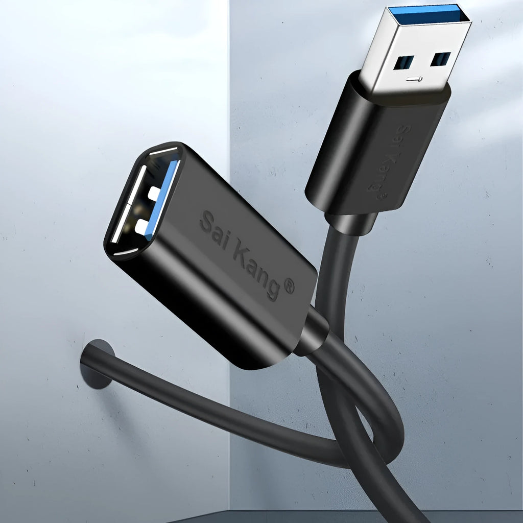 Black USB extension cable with male and female connectors showing length options for USB 3.0 and USB 2.0 devices