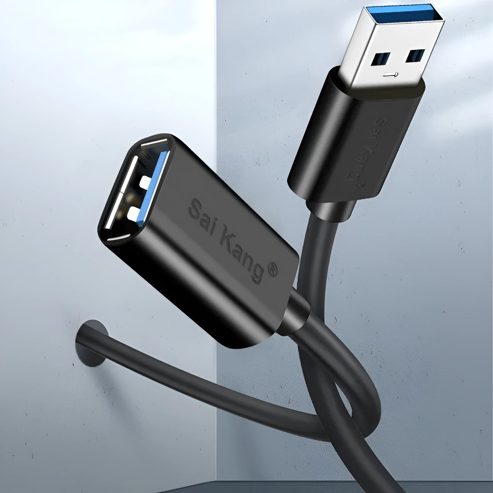 Black USB extension cable with male and female connectors showing length options for USB 3.0 and USB 2.0 devices