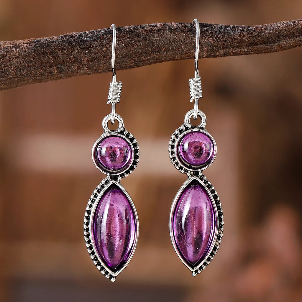 Black and purple vintage geometric drop earrings with round bohemian decorative elements