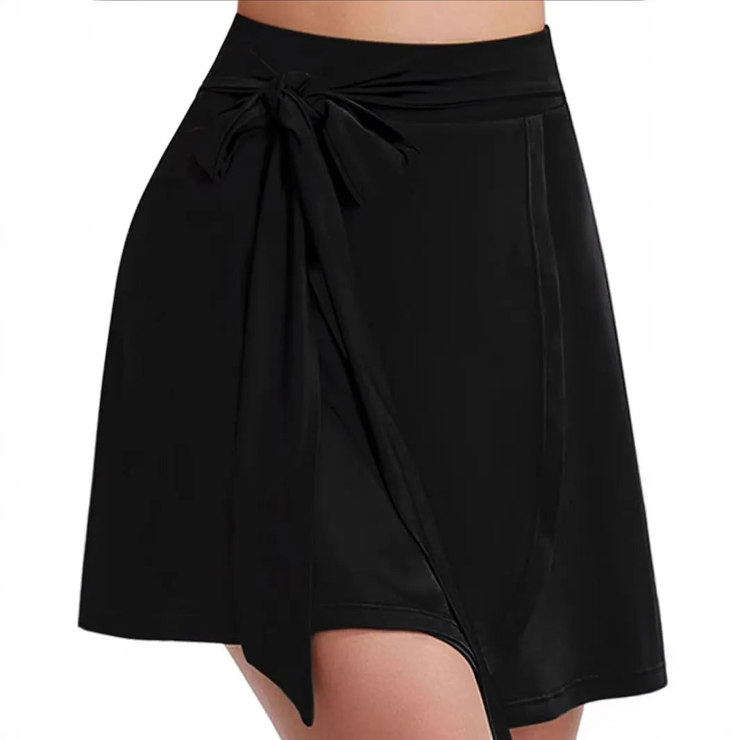 Black thigh-length anti-exposure sports skirt with built-in shorts, high waist, and unisex culotte style.