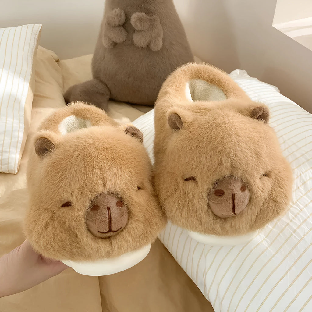 Light brown women's winter plush slippers with cartoon pattern and round toe design