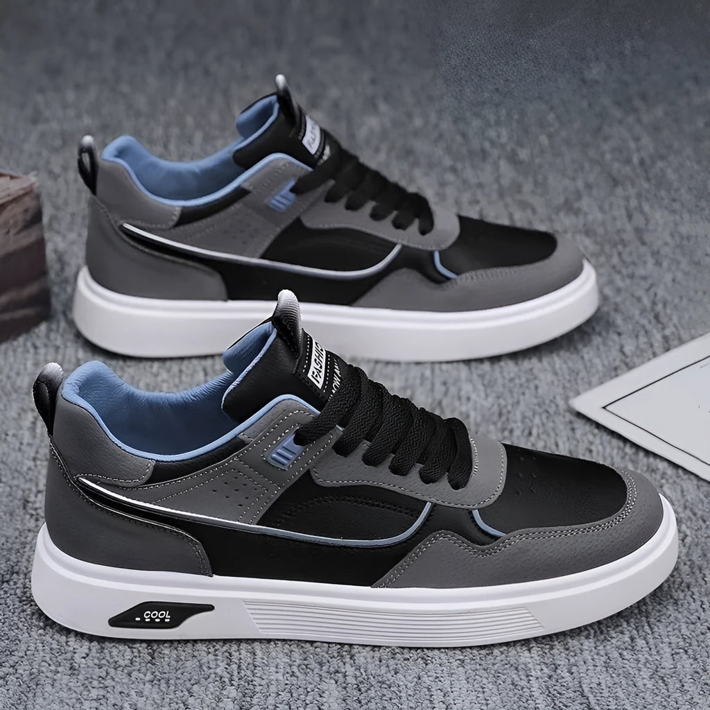 Men's Korean-style low-top canvas board shoes in black, beige, or gray with mesh lining and leather stitching.