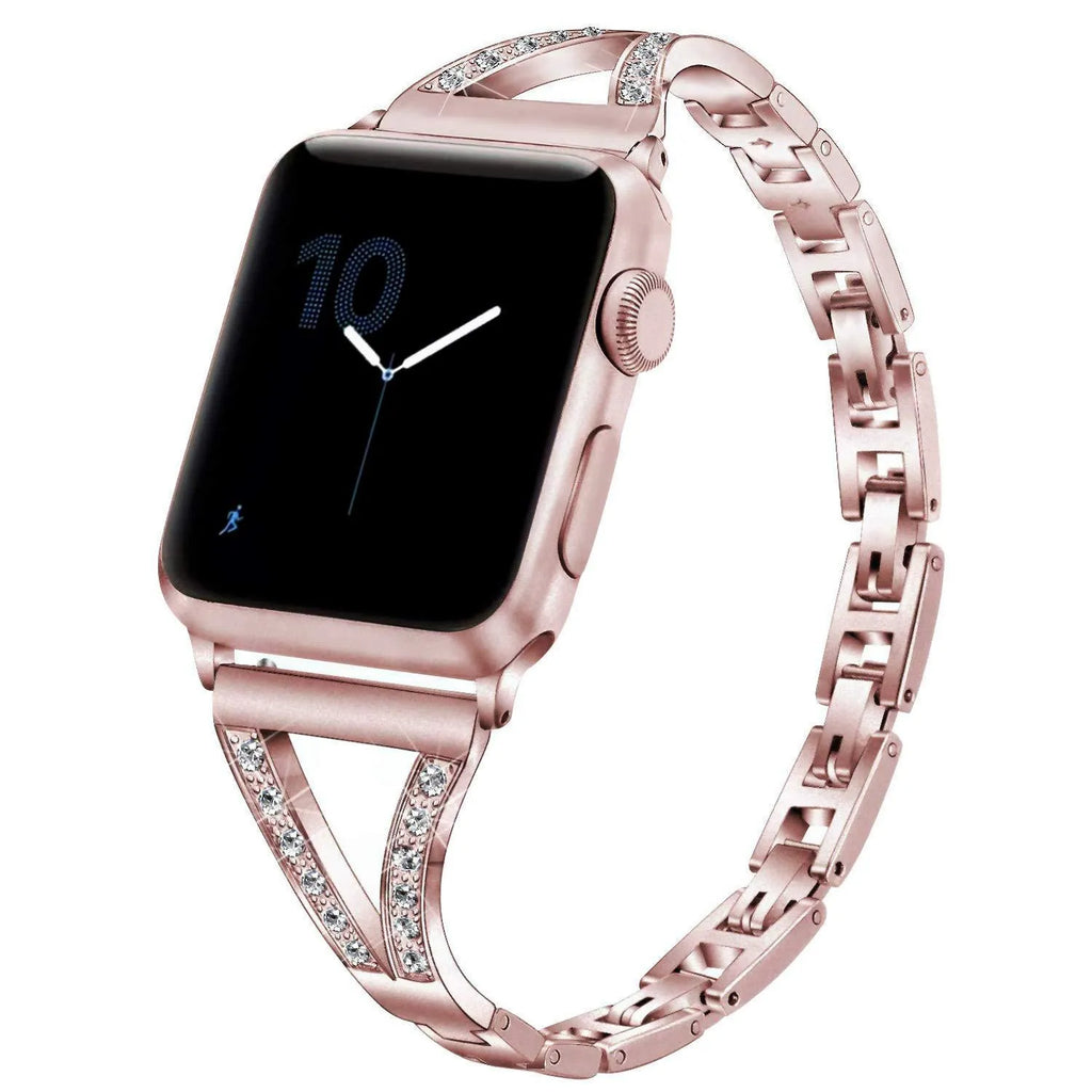 Zinc alloy herringbone diamond pattern Apple Watch strap in silver on a wrist.