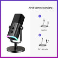 USB dynamic noise reduction microphone with XLR cable, USB cable, and base mount in black colour