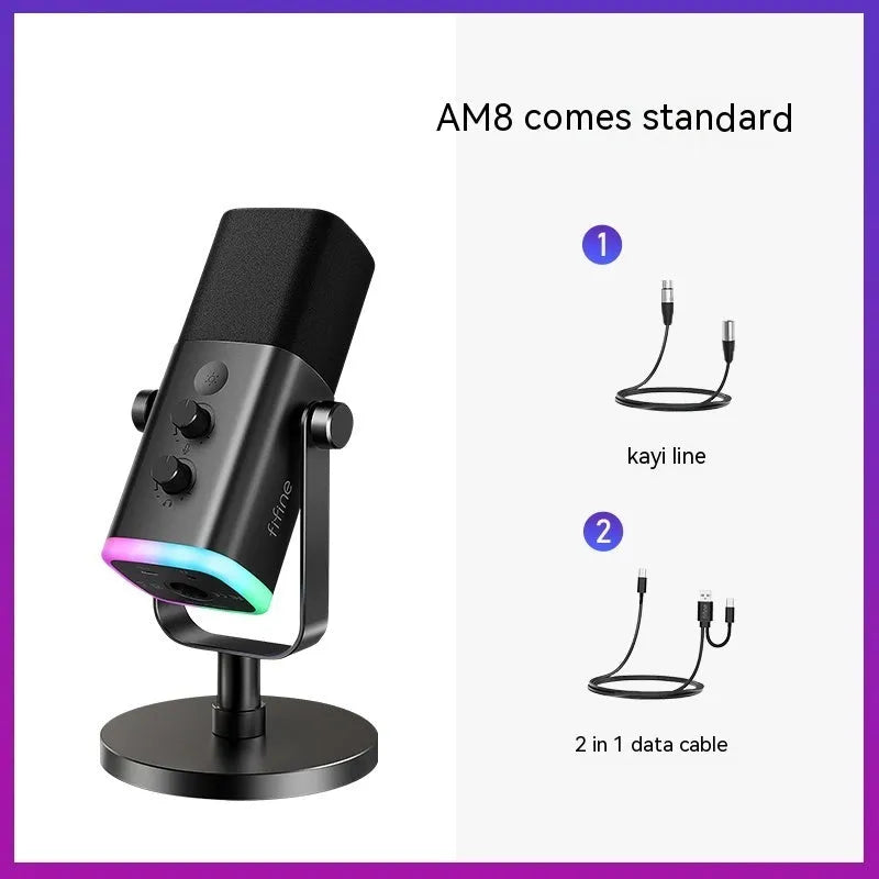 USB dynamic noise reduction microphone with XLR cable, USB cable, and base mount in black colour