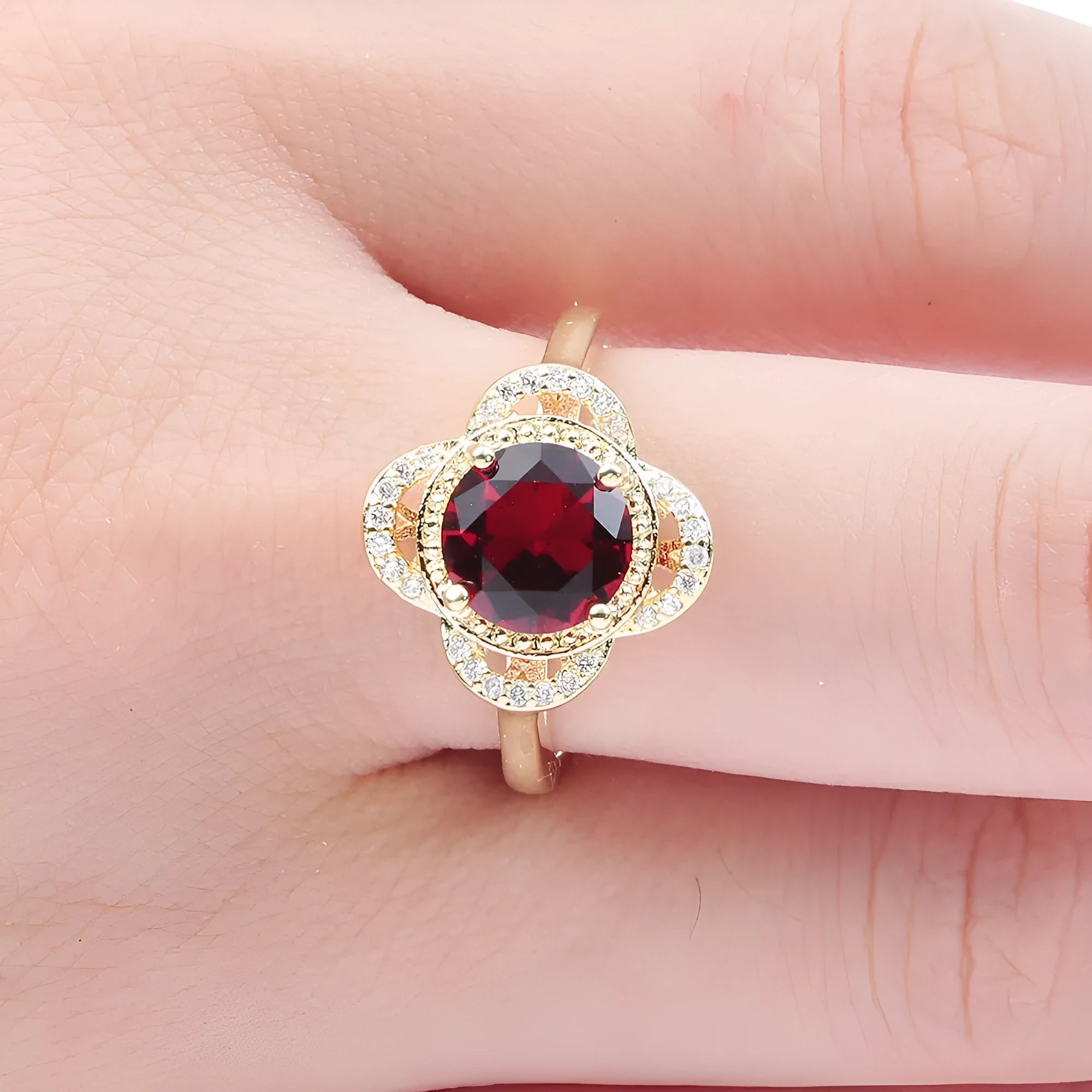 Copper fruit-shaped ring with zircon inlay, electroplated finish, available in sizes 7, 8, 9.
