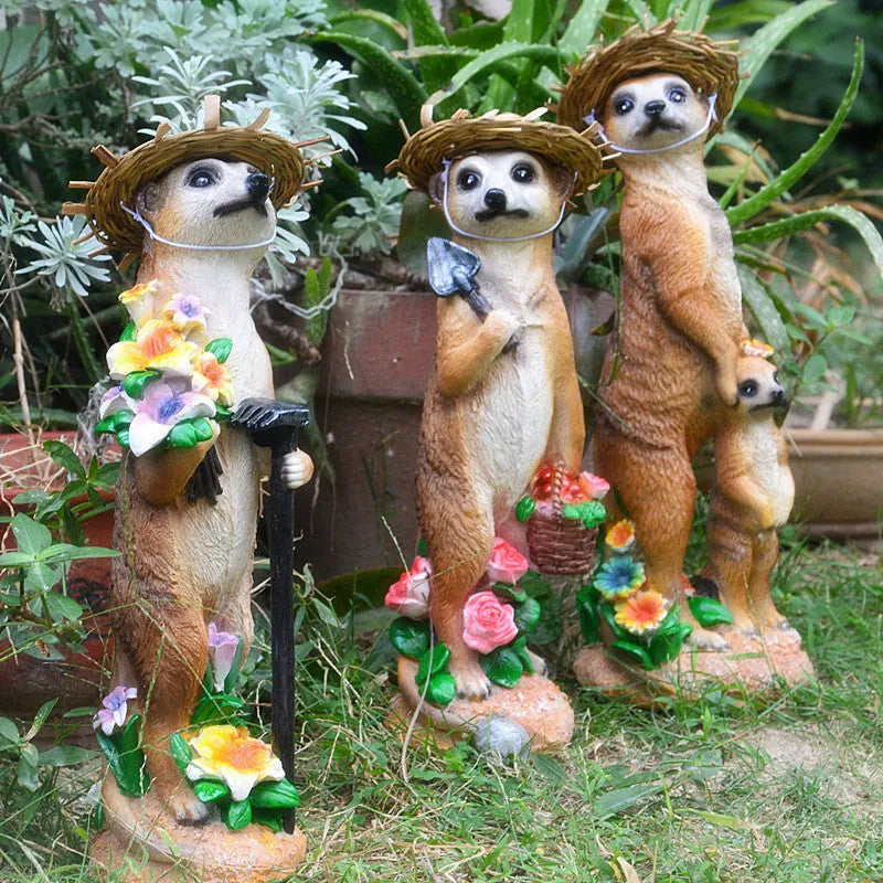 Yellow-brown straw hat mongoose ornaments for bonsai and garden decoration in three design variations