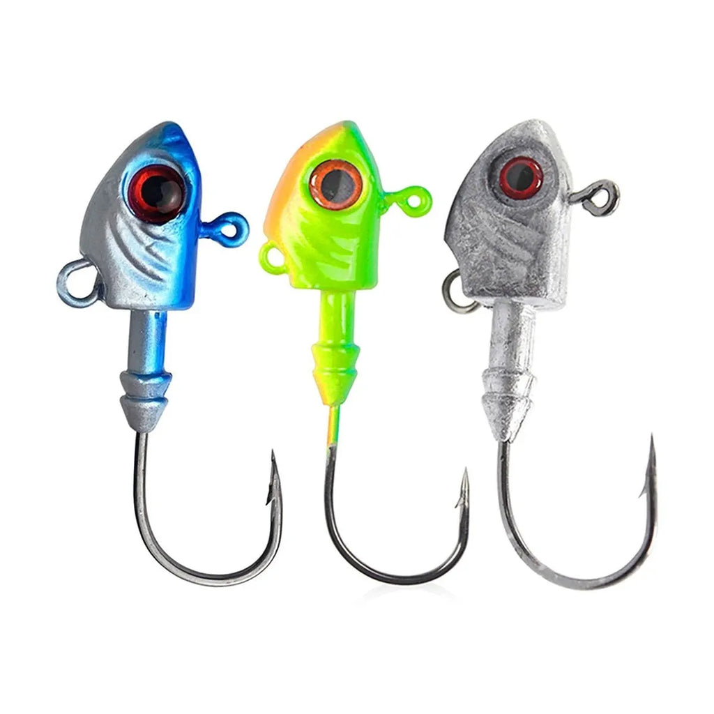 Simulation Yayu shaped lead head fishing hook lures in blue, silver, and yellow colour options.