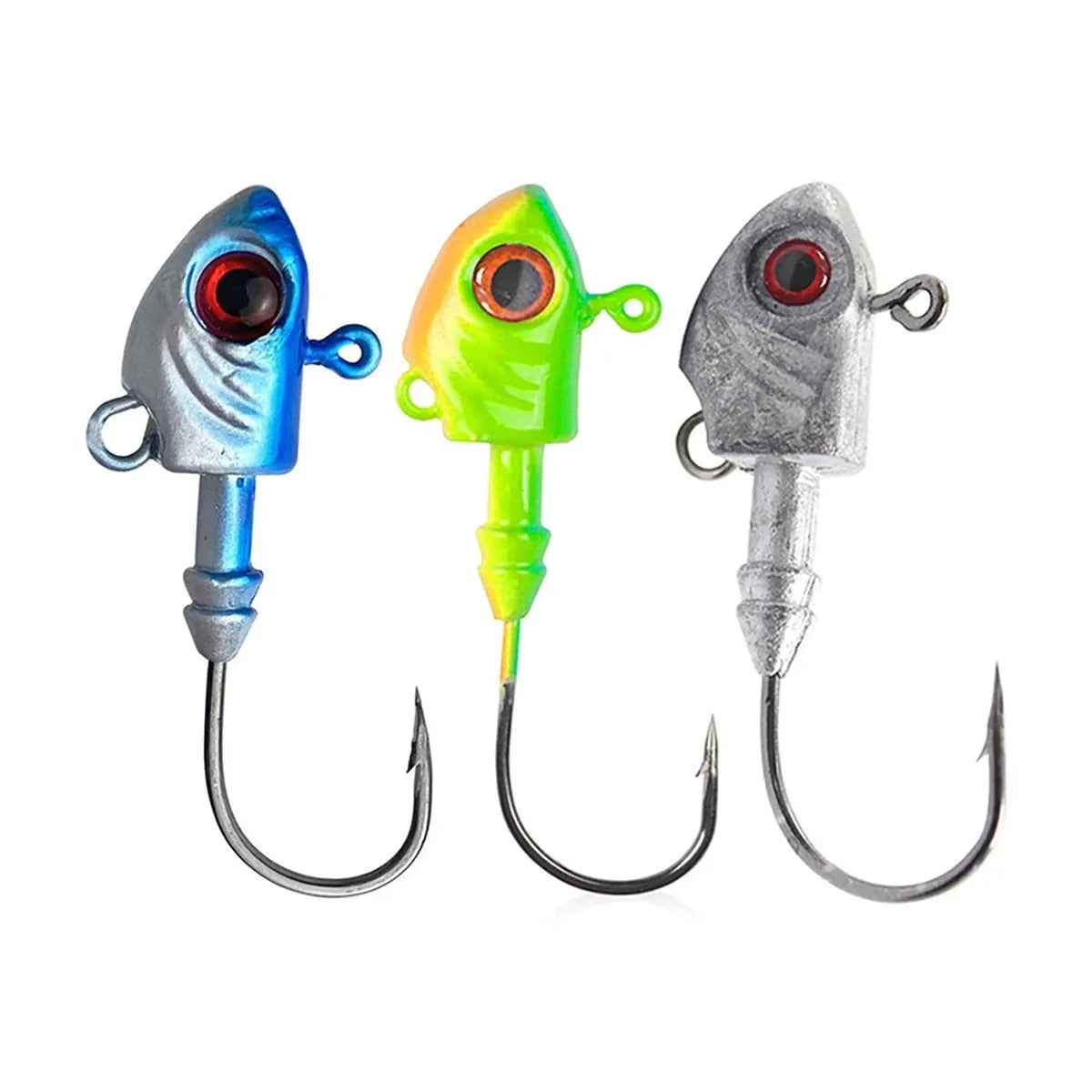 Simulation Yayu shaped lead head fishing hook lures in blue, silver, and yellow colour options.