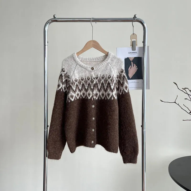 Women's loose fit jacquard sweater coat with contrast colour panels in beige, brown, or navy.