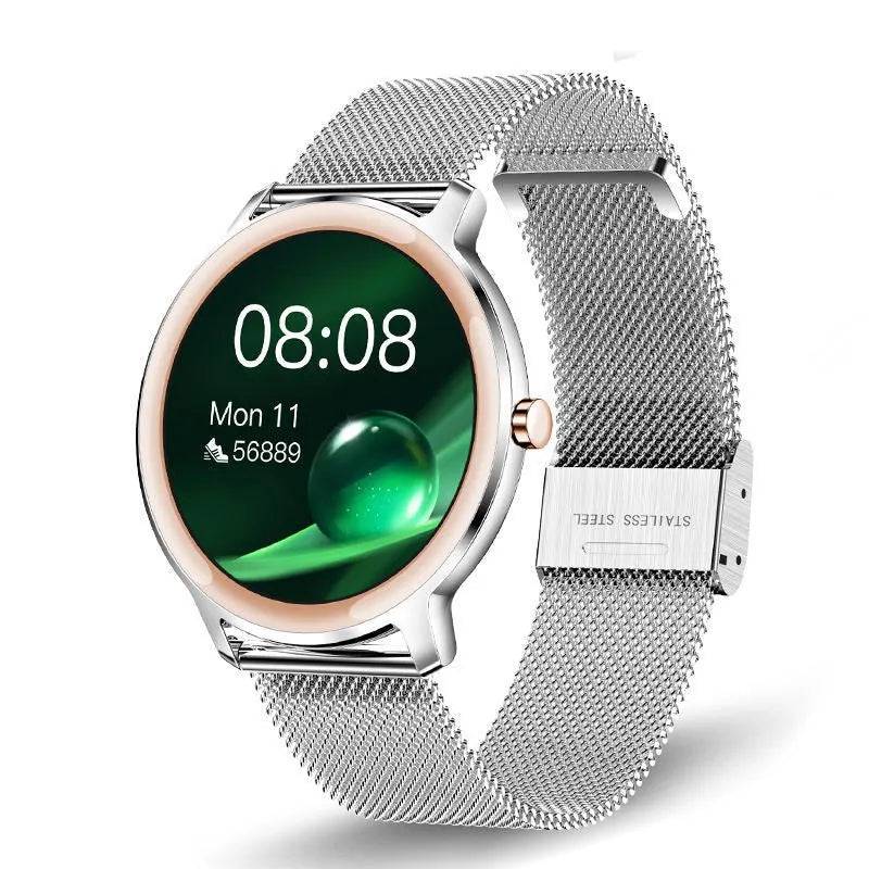 Women's silver smart watch with stainless steel mesh band and black touch screen displaying time.