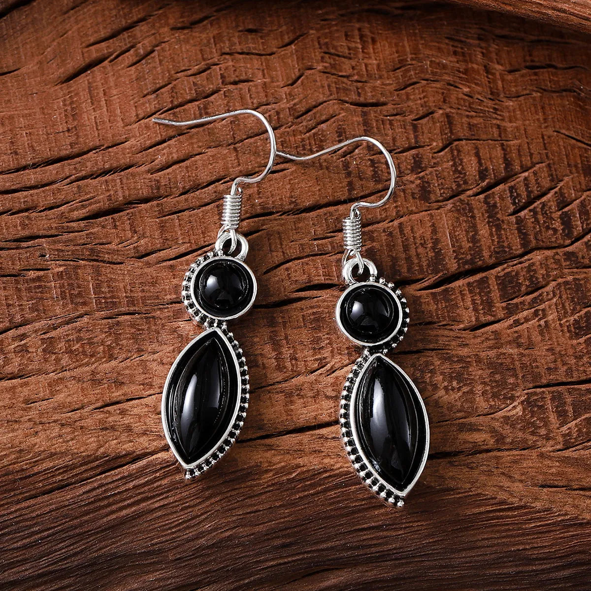 Black and purple vintage geometric drop earrings with round bohemian decorative elements