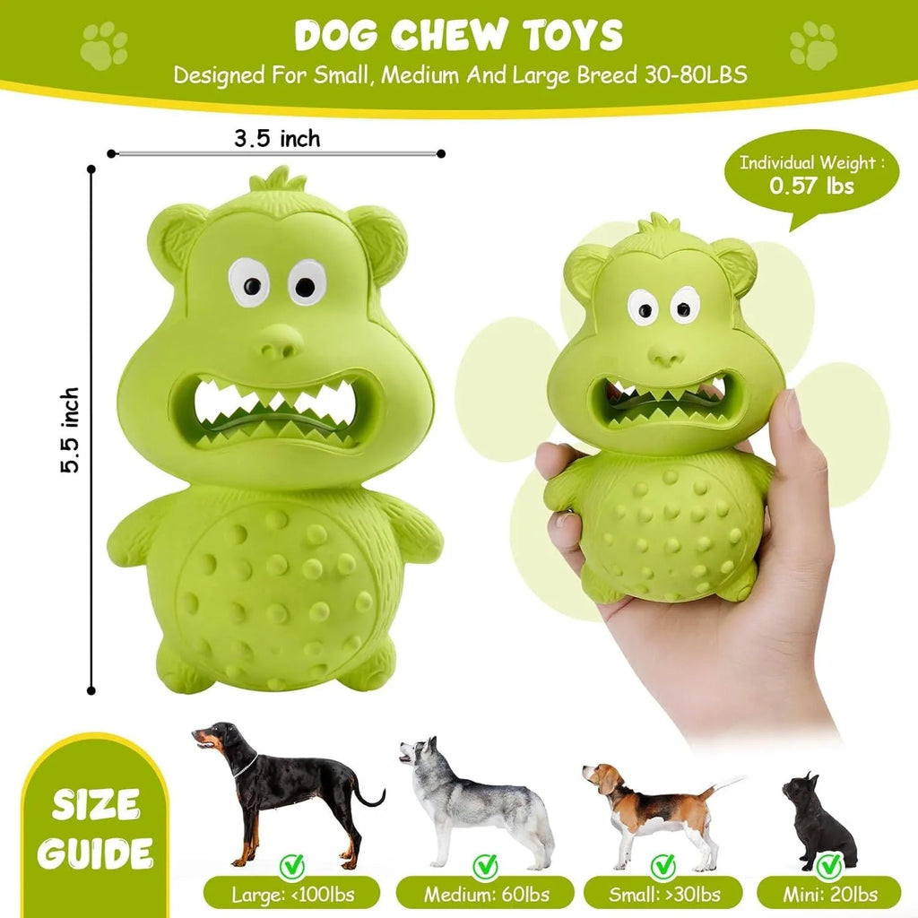 Green and yellow natural rubber squeaky dog toy with thick textured surface for aggressive chewers