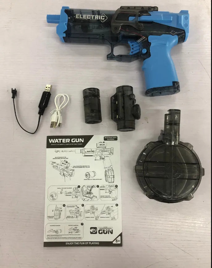 Black and blue automatic electric water pistol with LED lights, shown ready for a summer water fight.