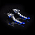 Motorcycle horn handle and adjustable brake clutch lever set in anodised metal, showing six-position adjustment mechanism.