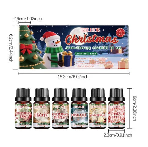 Christmas aromatherapy oil set showing six 10ml glass bottles with scented oil for home fragrance